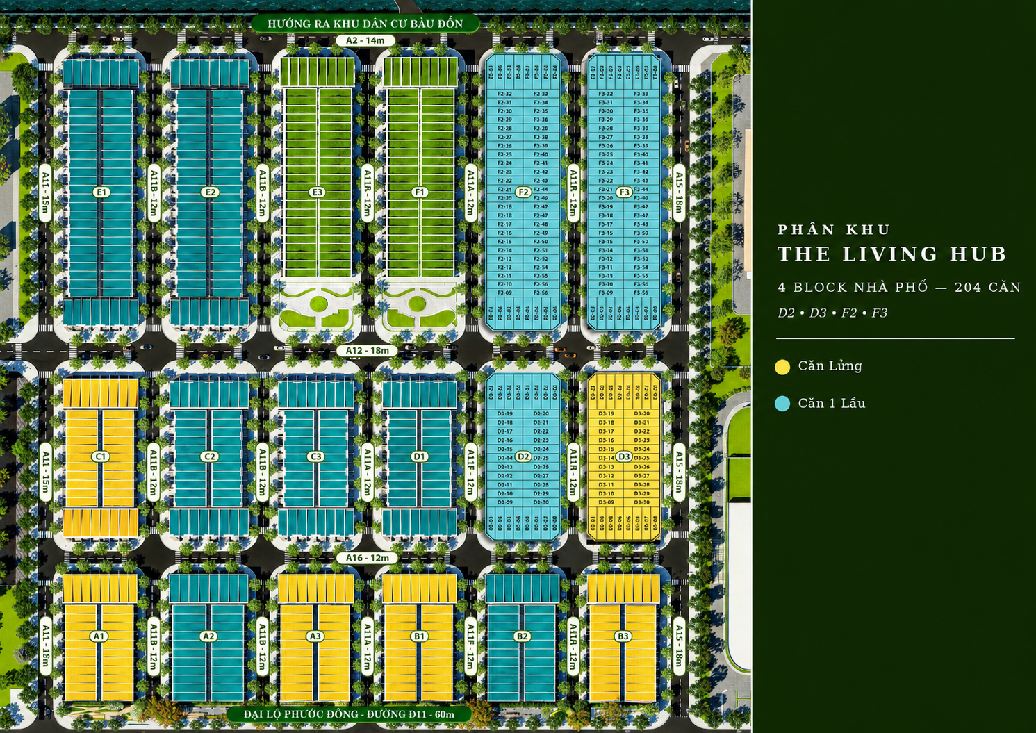 Vị trí shophouse block D3 và F2 tại Phước Đông New City